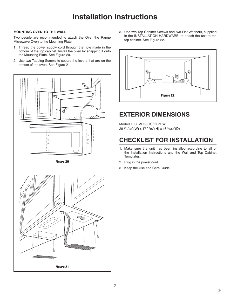 Installation instructions, Exterior dimensions, Checklist for installation | Electrolux TINSEB484MRR0 User Manual | Page 7 / 24