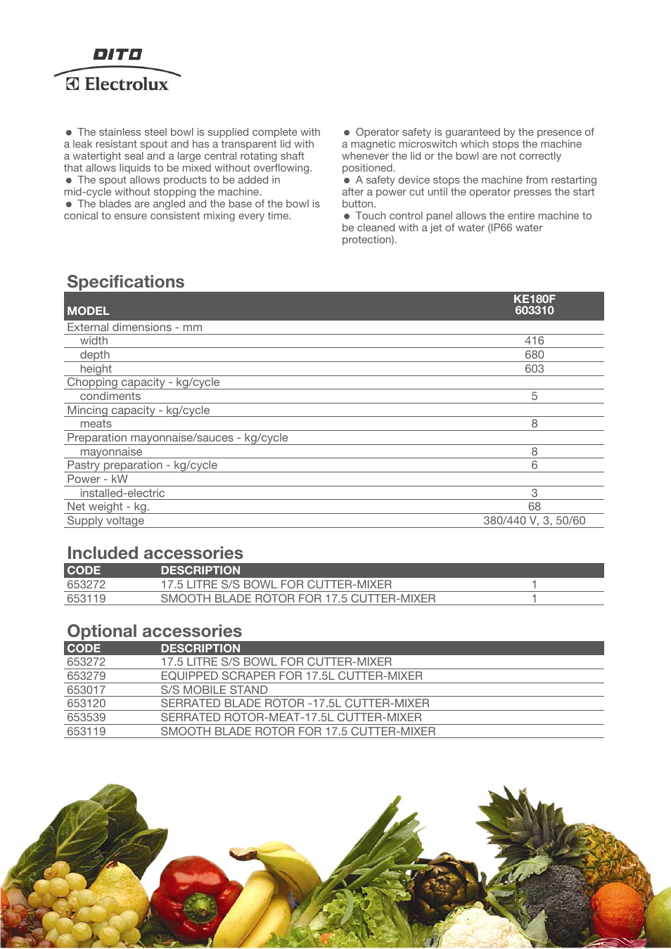 Specifications, Included accessories, Optional accessories | Electrolux Dito 603310 User Manual | Page 2 / 3