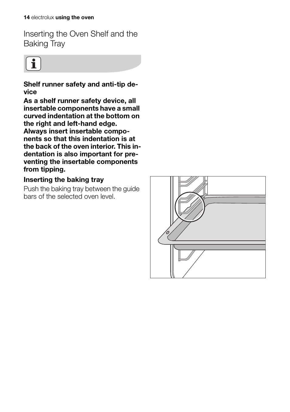 Inserting the oven shelf and the baking tray | Electrolux Built-In Electric EOB51000 User Manual | Page 14 / 56