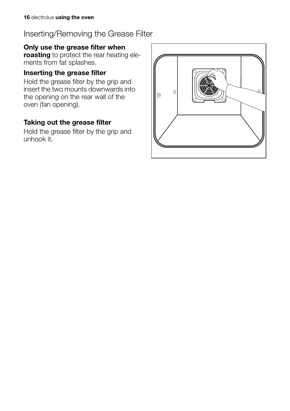 Inserting/removing the grease filter | Electrolux Built-In Electric EOB51000 User Manual | Page 16 / 56
