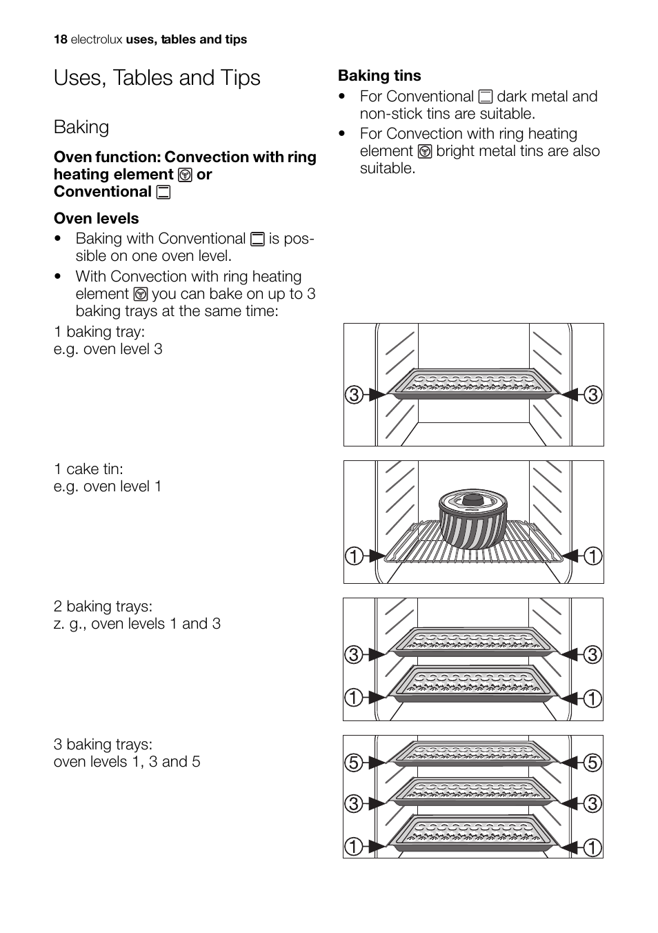 Uses, tables and tips, Baking | Electrolux Built-In Electric EOB51000 User Manual | Page 18 / 56
