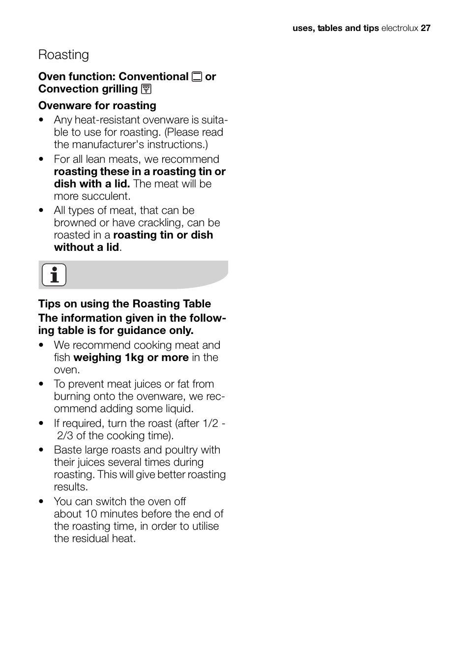 Roasting | Electrolux Built-In Electric EOB51000 User Manual | Page 27 / 56