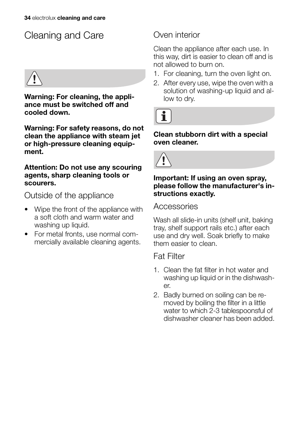 Cleaning and care, Outside of the appliance, Oven interior | Accessories, Fat filter | Electrolux Built-In Electric EOB51000 User Manual | Page 34 / 56