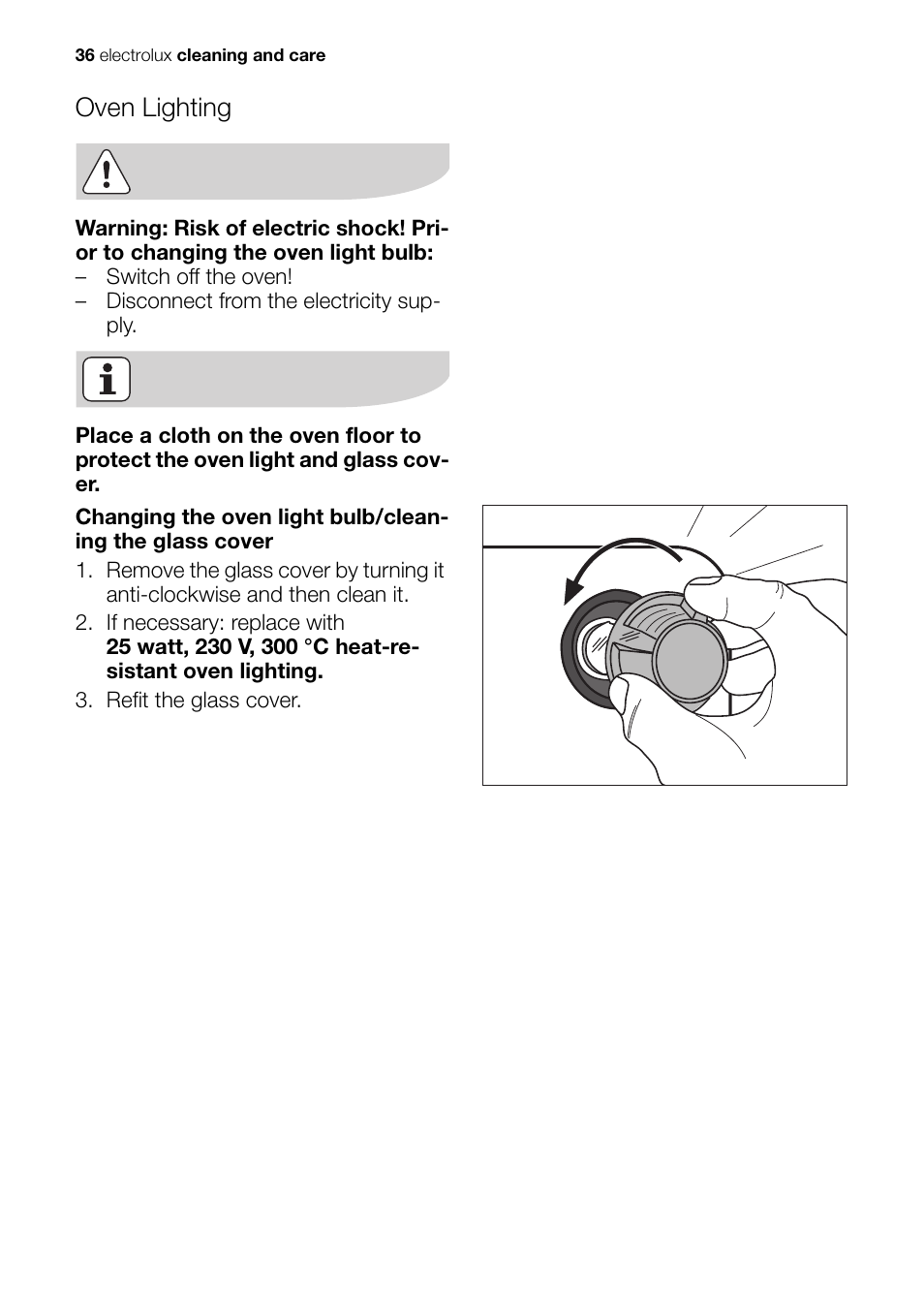 Oven lighting | Electrolux Built-In Electric EOB51000 User Manual | Page 36 / 56