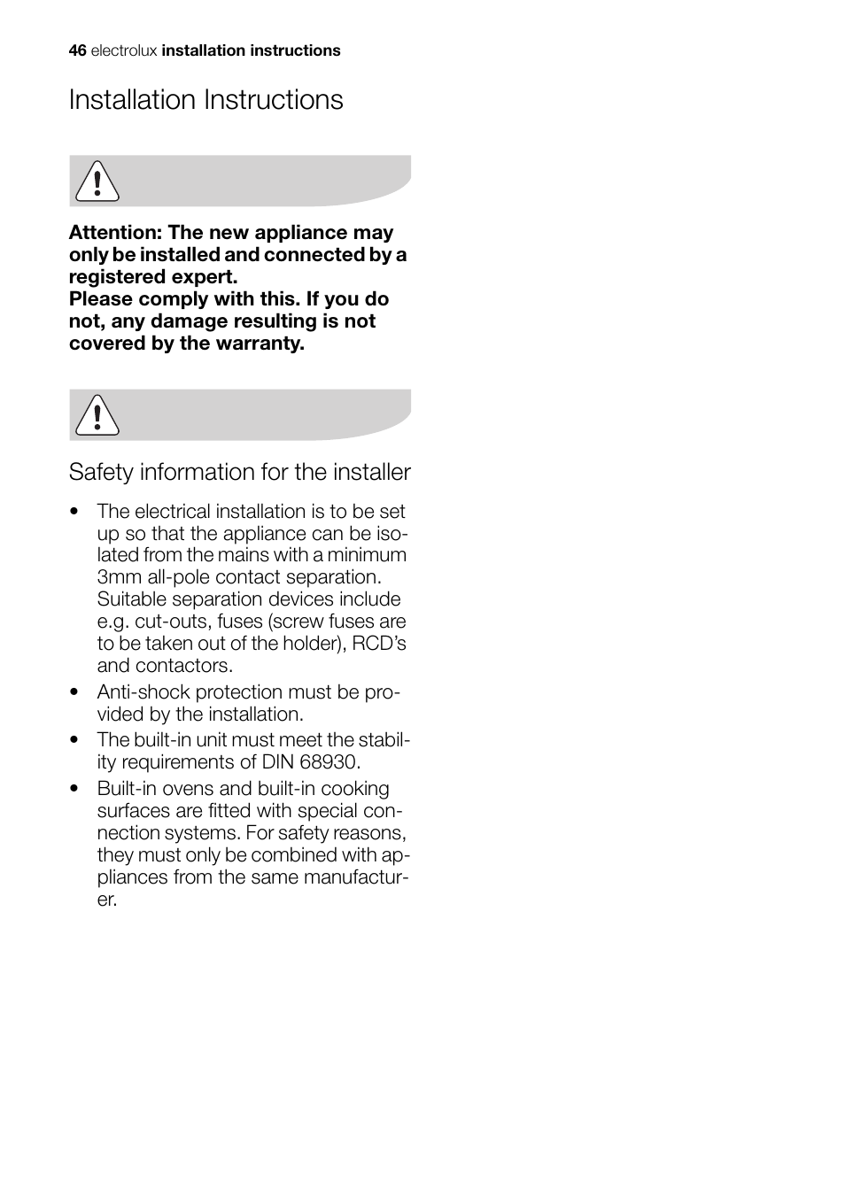 Installation instructions, Safety information for the installer | Electrolux Built-In Electric EOB51000 User Manual | Page 46 / 56