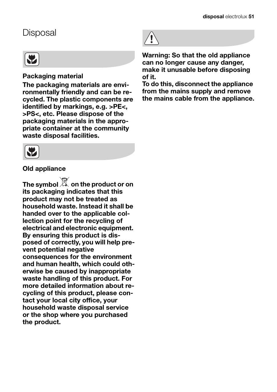 Disposal | Electrolux Built-In Electric EOB51000 User Manual | Page 51 / 56