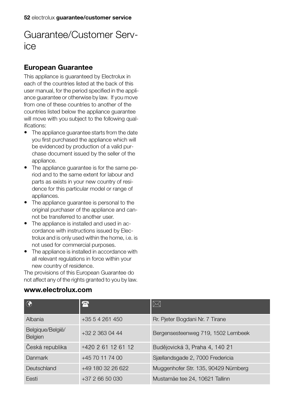 Guarantee/customer serv- ice | Electrolux Built-In Electric EOB51000 User Manual | Page 52 / 56