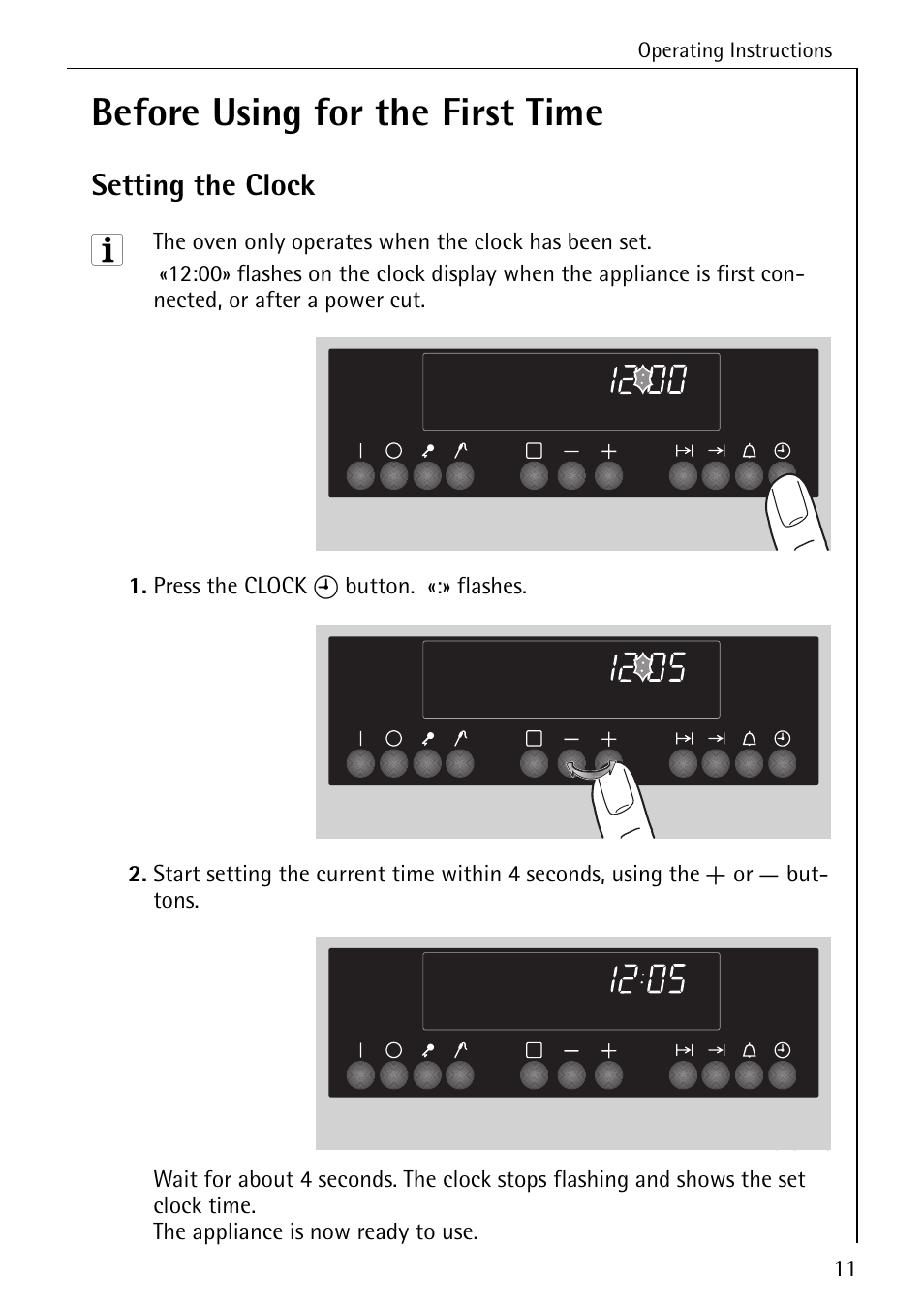 Before using for the first time, Setting the clock | Electrolux B8920 User Manual | Page 11 / 76