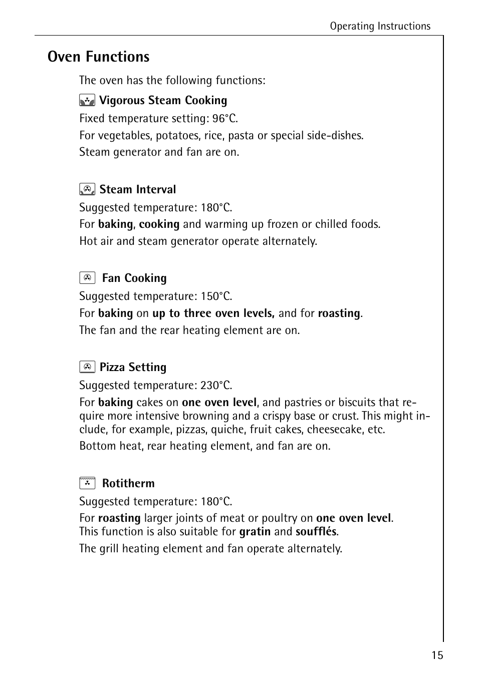 Oven functions | Electrolux B8920 User Manual | Page 15 / 76