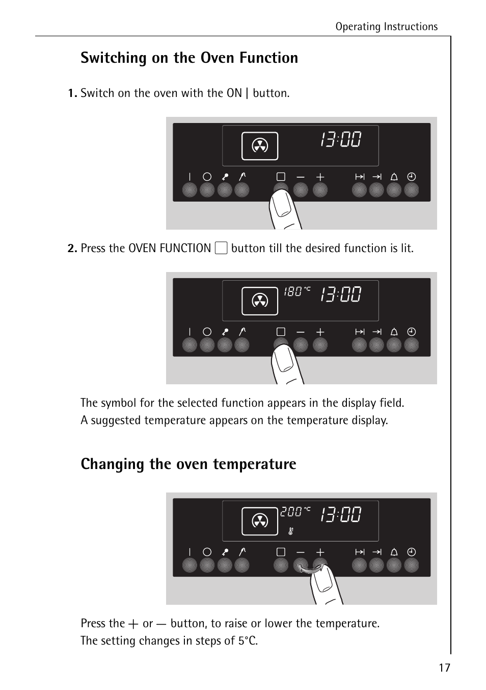 Switching on the oven function, Changing the oven temperature | Electrolux B8920 User Manual | Page 17 / 76