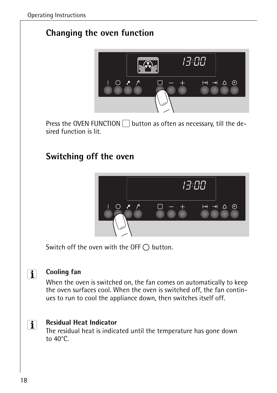 Changing the oven function, Switching off the oven | Electrolux B8920 User Manual | Page 18 / 76