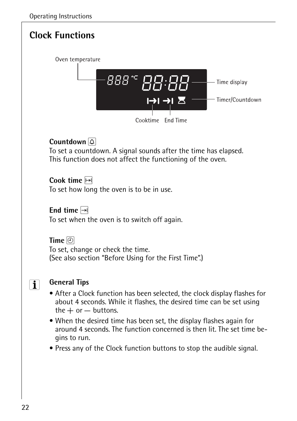 Clock functions | Electrolux B8920 User Manual | Page 22 / 76