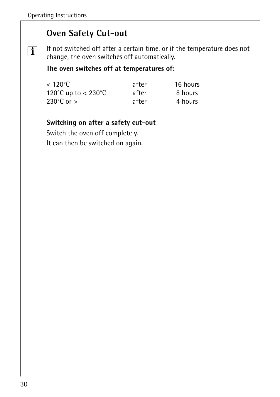 Oven safety cut-out | Electrolux B8920 User Manual | Page 30 / 76