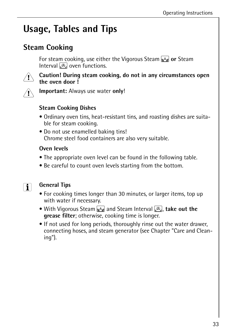 Usage, tables and tips, Steam cooking | Electrolux B8920 User Manual | Page 33 / 76