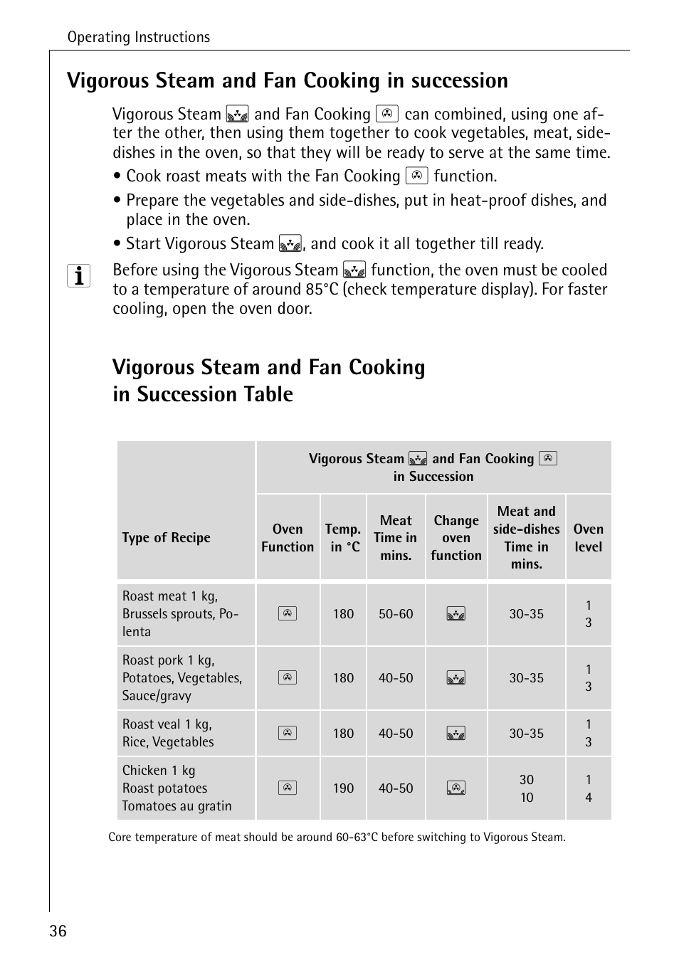 Vigorous steam and fan cooking in succession, Vigorous steam and fan cooking in succession table | Electrolux B8920 User Manual | Page 36 / 76