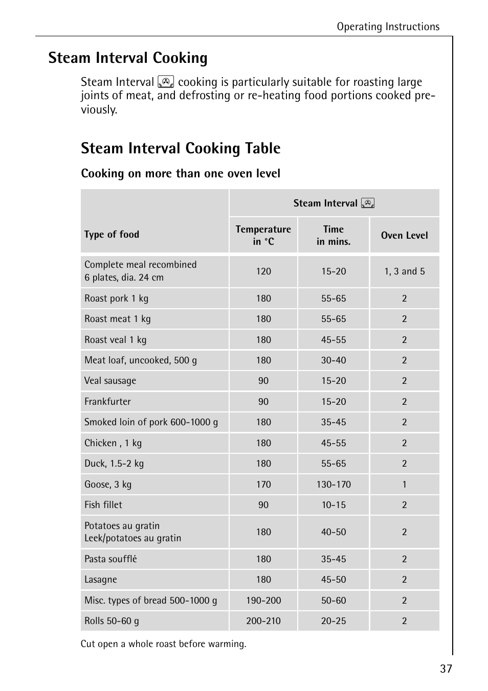 Steam interval cooking, Steam interval cooking table, Cooking on more than one oven level | Electrolux B8920 User Manual | Page 37 / 76