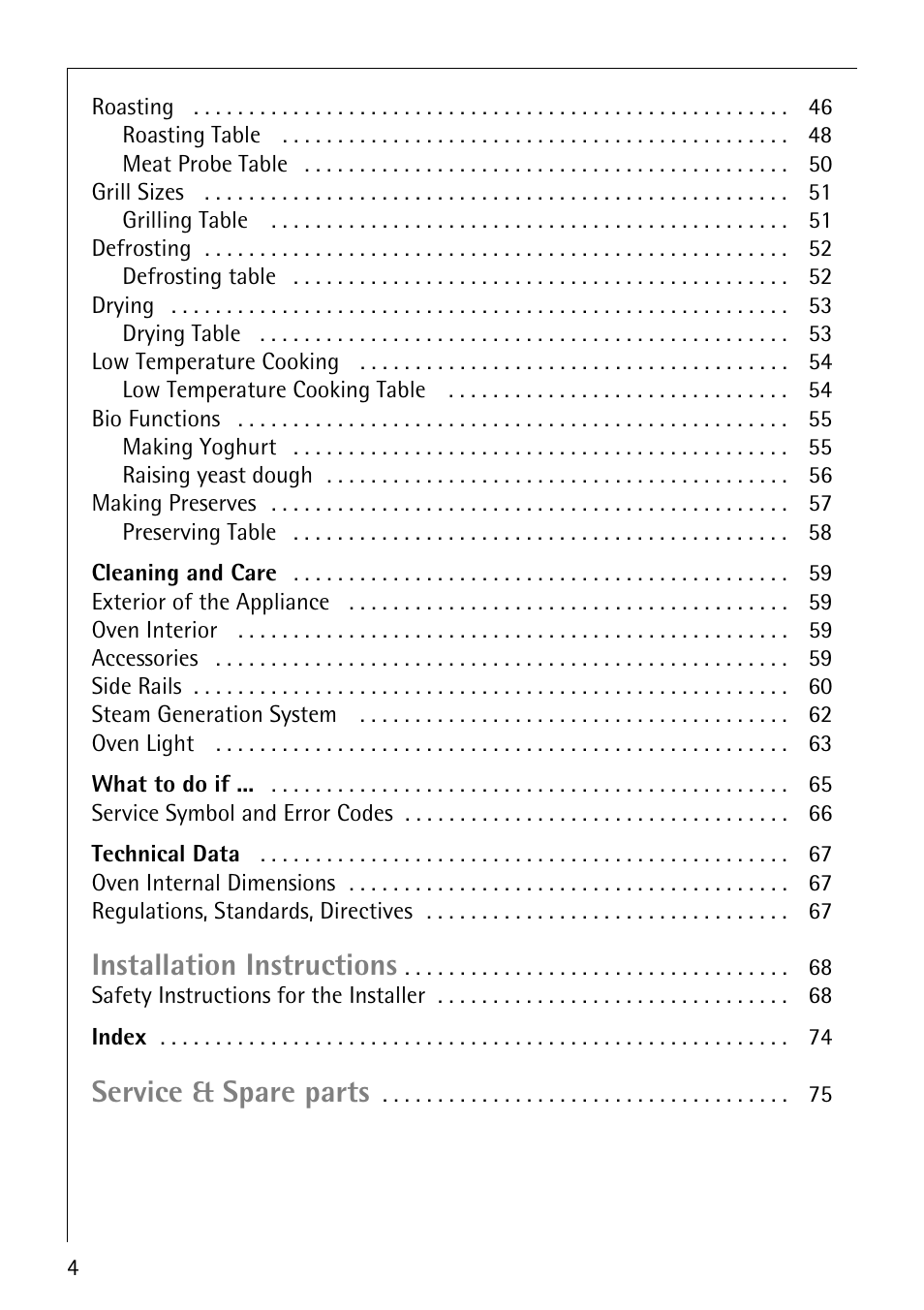 Installation instructions, Service & spare parts | Electrolux B8920 User Manual | Page 4 / 76