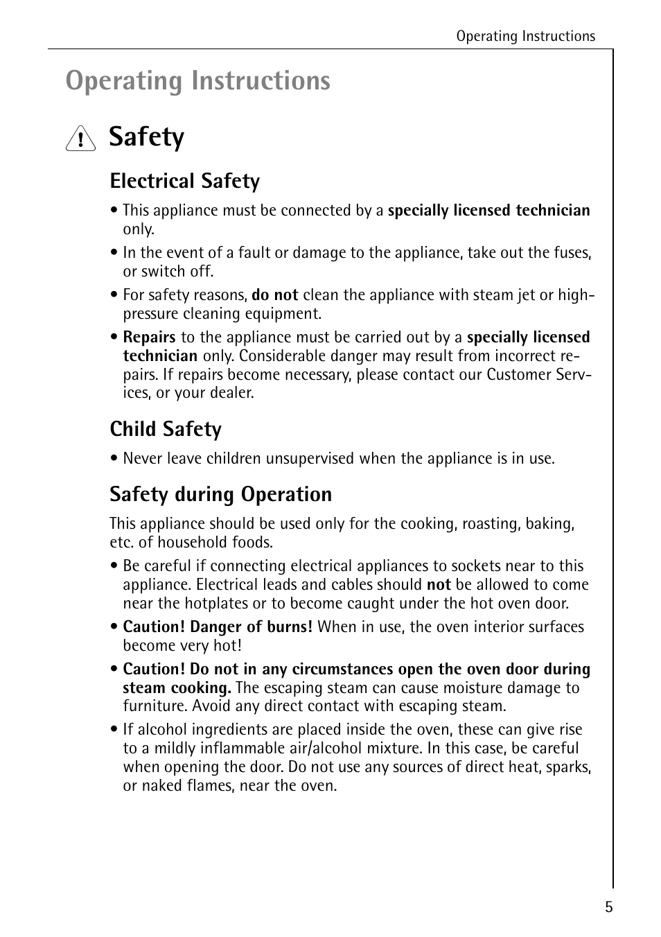 Operating instructions, Safety, Electrical safety | Child safety, Safety during operation | Electrolux B8920 User Manual | Page 5 / 76