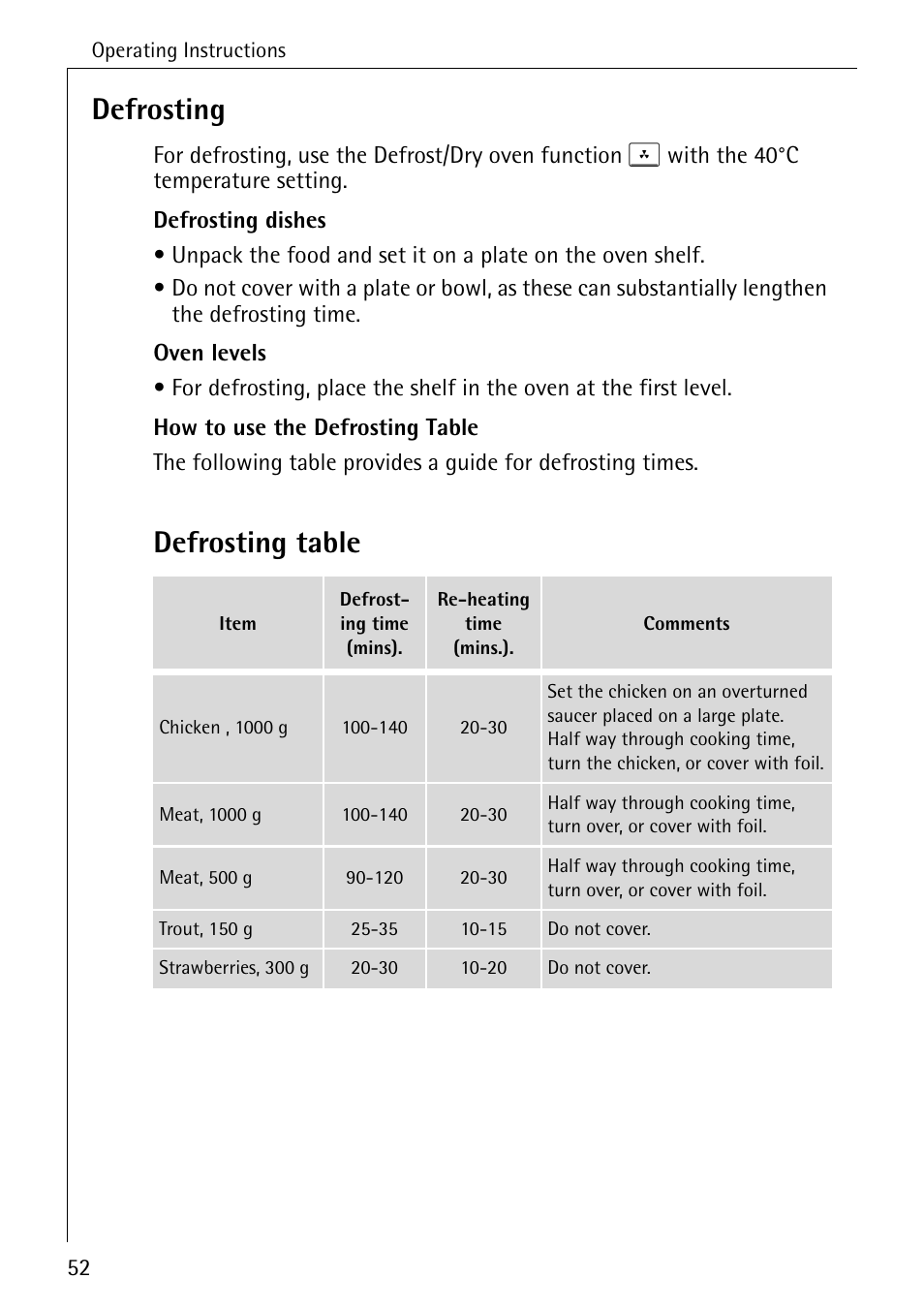 Defrosting, Defrosting table | Electrolux B8920 User Manual | Page 52 / 76