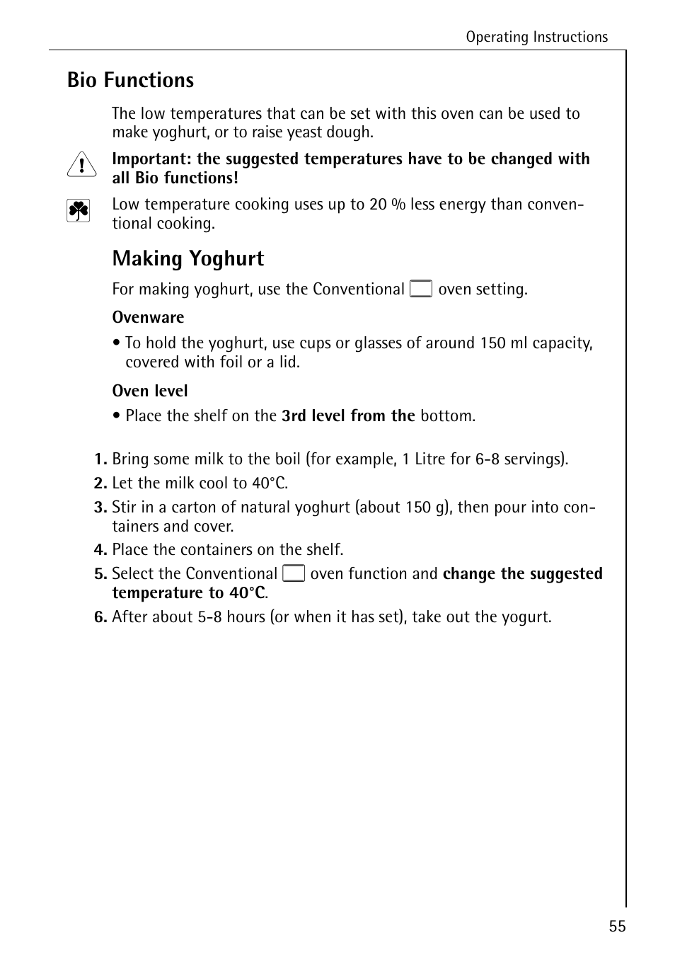 Bio functions, Making yoghurt | Electrolux B8920 User Manual | Page 55 / 76