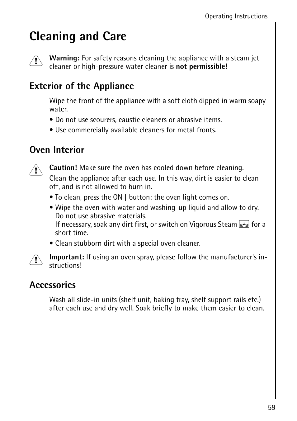 Cleaning and care, Exterior of the appliance, Oven interior | Accessories | Electrolux B8920 User Manual | Page 59 / 76