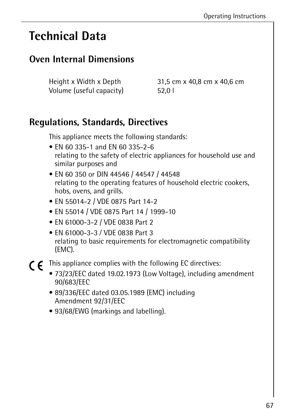 Technical data | Electrolux B8920 User Manual | Page 67 / 76