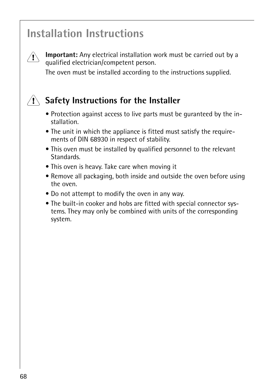 Installation instructions, Safety instructions for the installer | Electrolux B8920 User Manual | Page 68 / 76