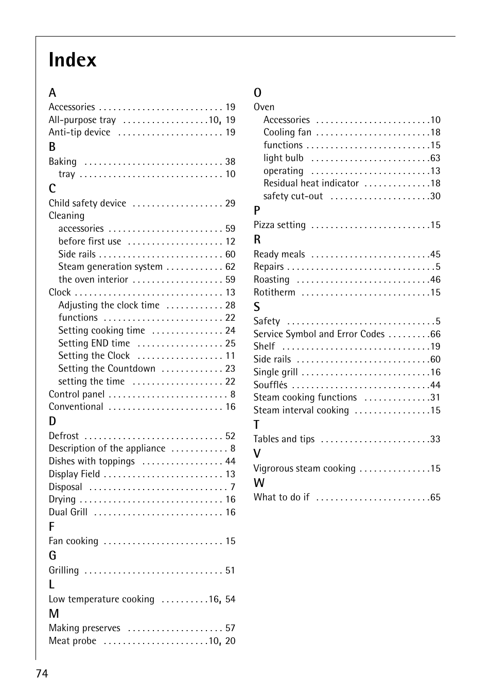 Index | Electrolux B8920 User Manual | Page 74 / 76