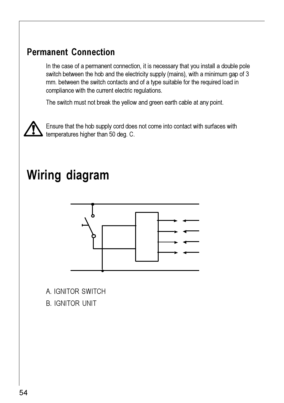 Wiring diagram, Permanent connection, A. ignitor switch b. ignitor unit | Electrolux 20604 G - 21604 User Manual | Page 20 / 26