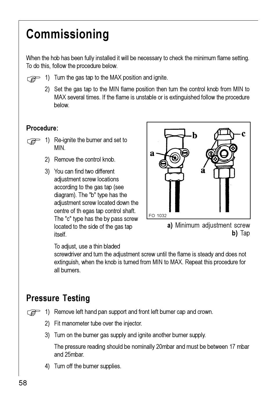 Commissioning, Pressure testing | Electrolux 20604 G - 21604 User Manual | Page 24 / 26