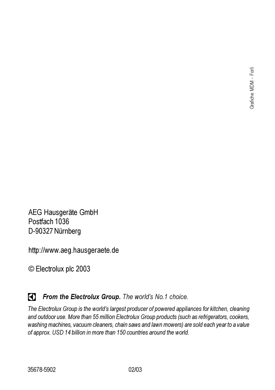 Electrolux plc 2003 | Electrolux 20604 G - 21604 User Manual | Page 26 / 26