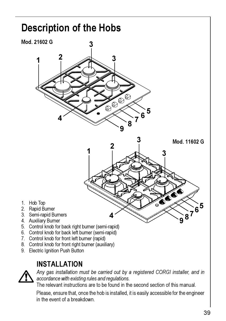 Description of the hobs | Electrolux 20604 G - 21604 User Manual | Page 5 / 26