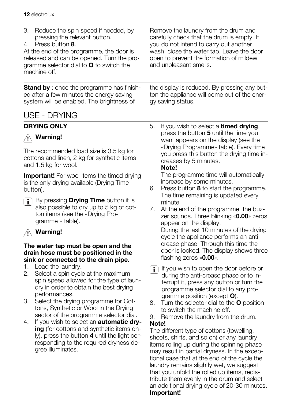 Use - drying | Electrolux EWW 167443 W User Manual | Page 12 / 32