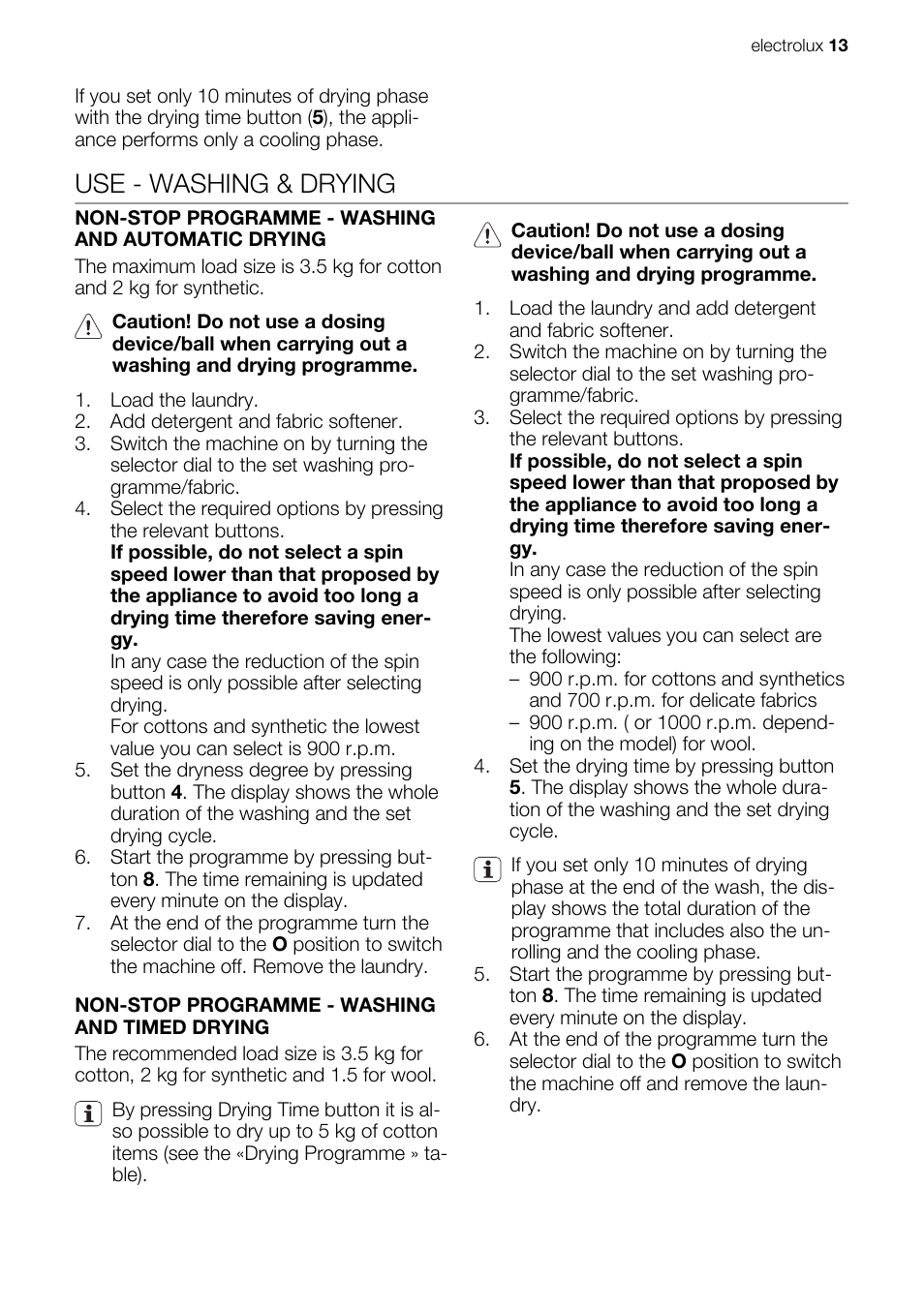 Use - washing & drying | Electrolux EWW 167443 W User Manual | Page 13 / 32