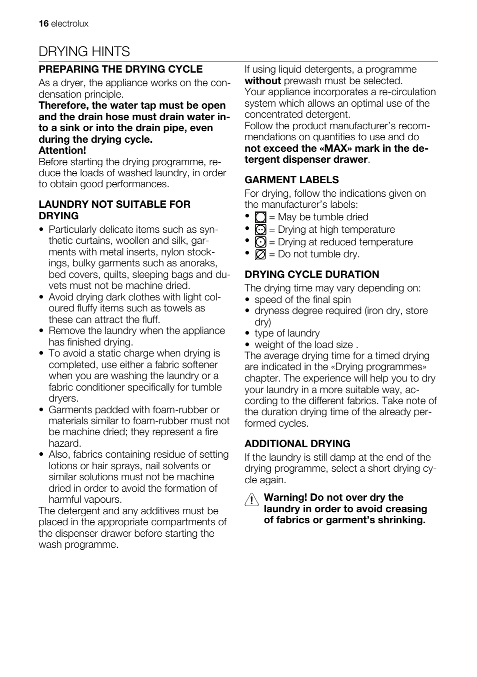 Drying hints | Electrolux EWW 167443 W User Manual | Page 16 / 32