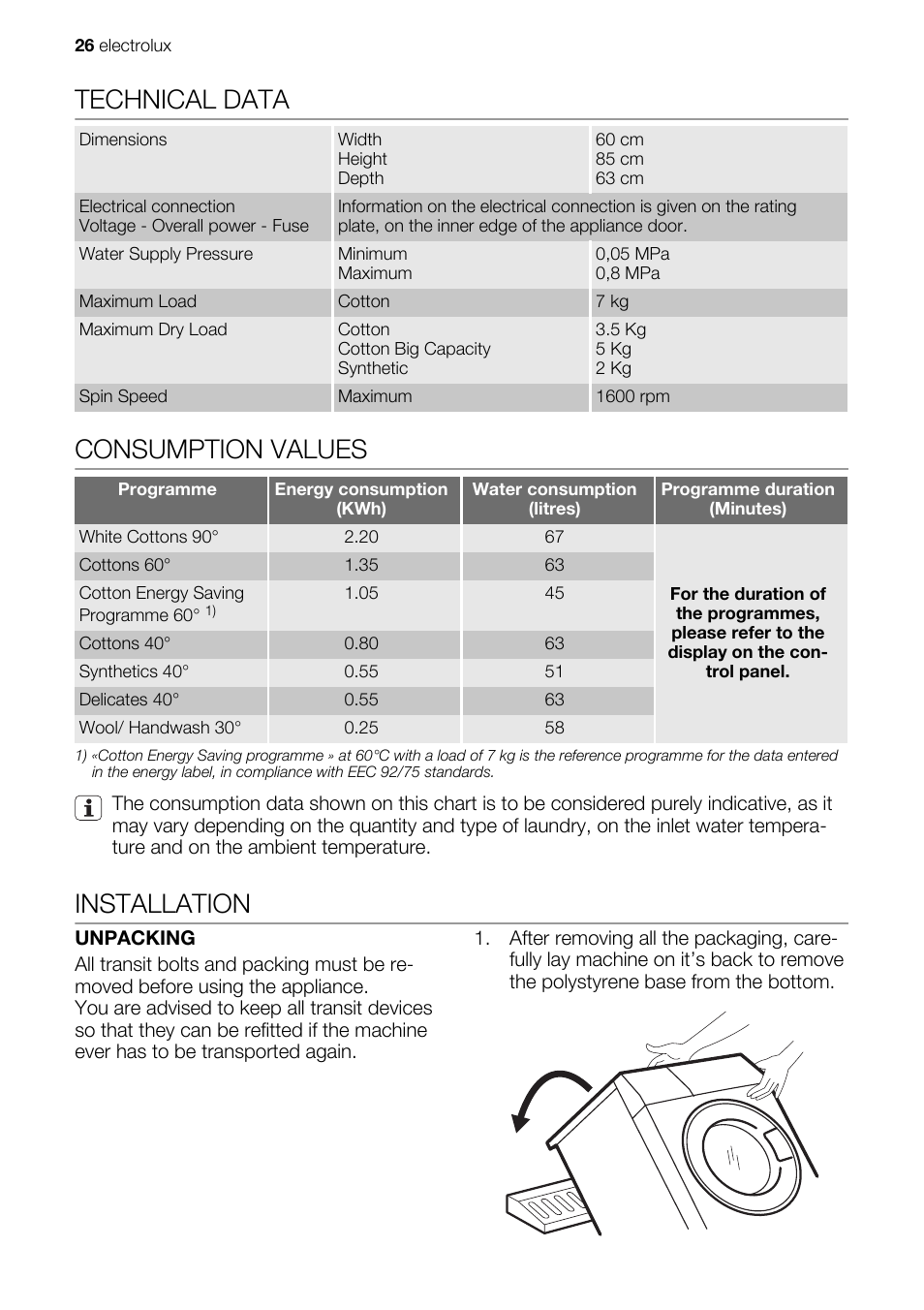 Technical data, Consumption values, Installation | Electrolux EWW 167443 W User Manual | Page 26 / 32