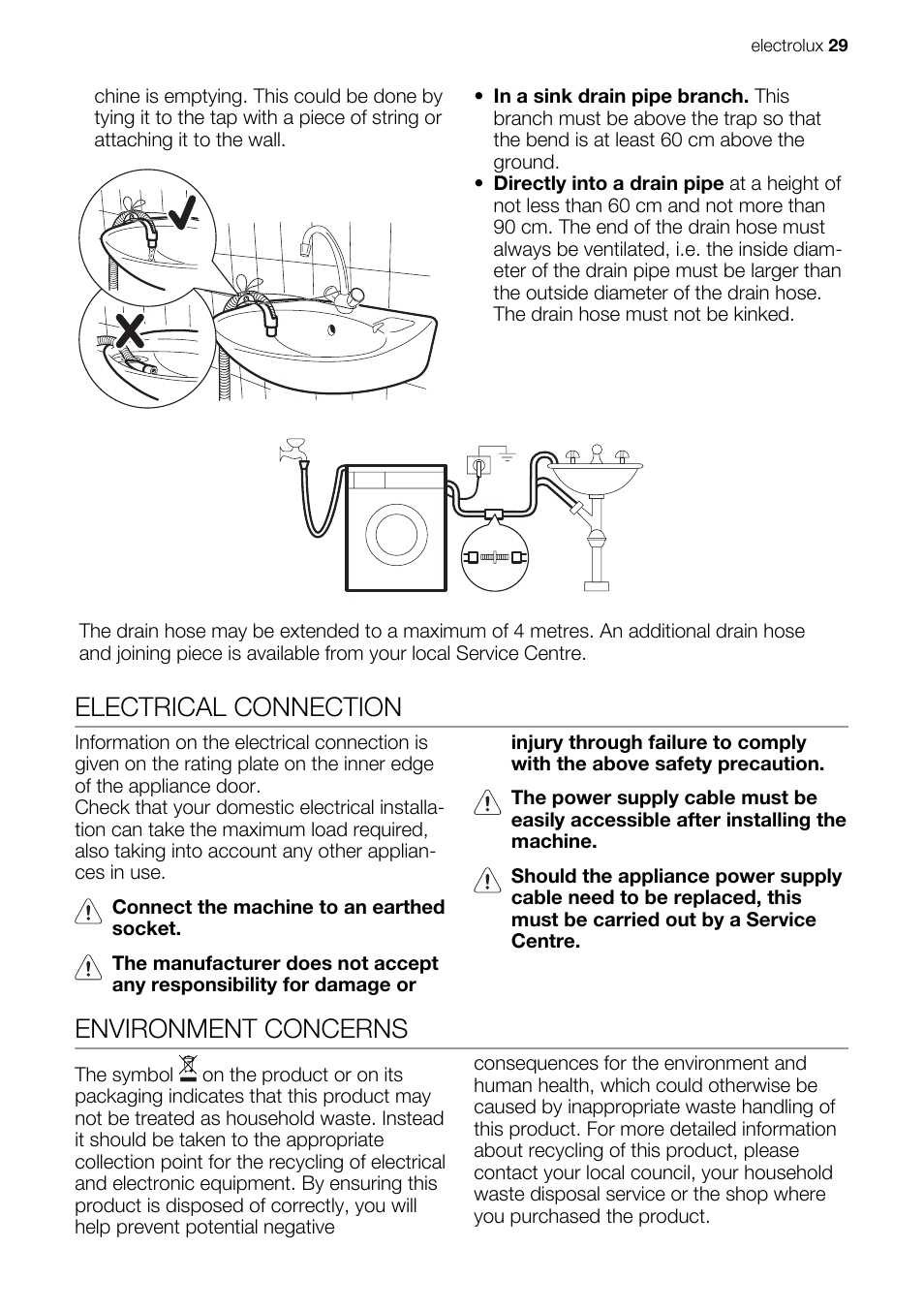 Electrical connection, Environment concerns | Electrolux EWW 167443 W User Manual | Page 29 / 32