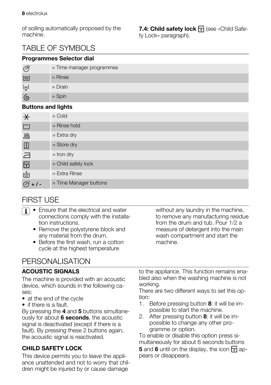 Table of symbols, First use, Personalisation | Electrolux EWW 167443 W User Manual | Page 8 / 32