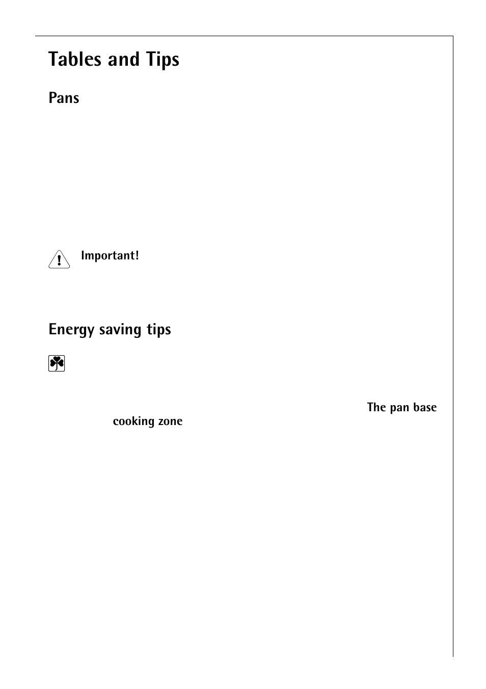 Tables and tips, Pans, Energy saving tips | Electrolux 65300 K User Manual | Page 21 / 40