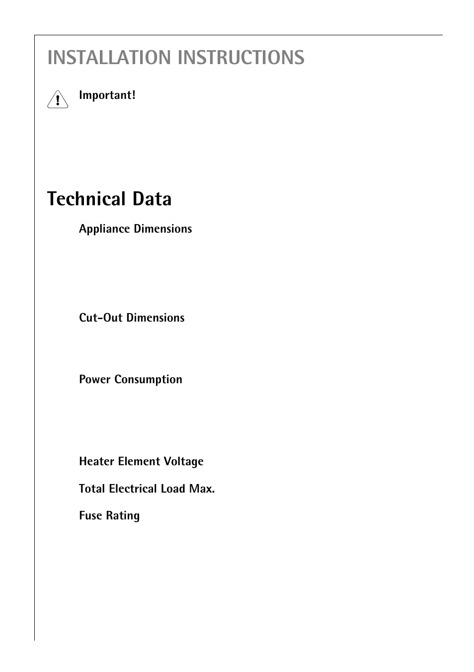 Installation instructions, Technical data | Electrolux 65300 K User Manual | Page 32 / 40