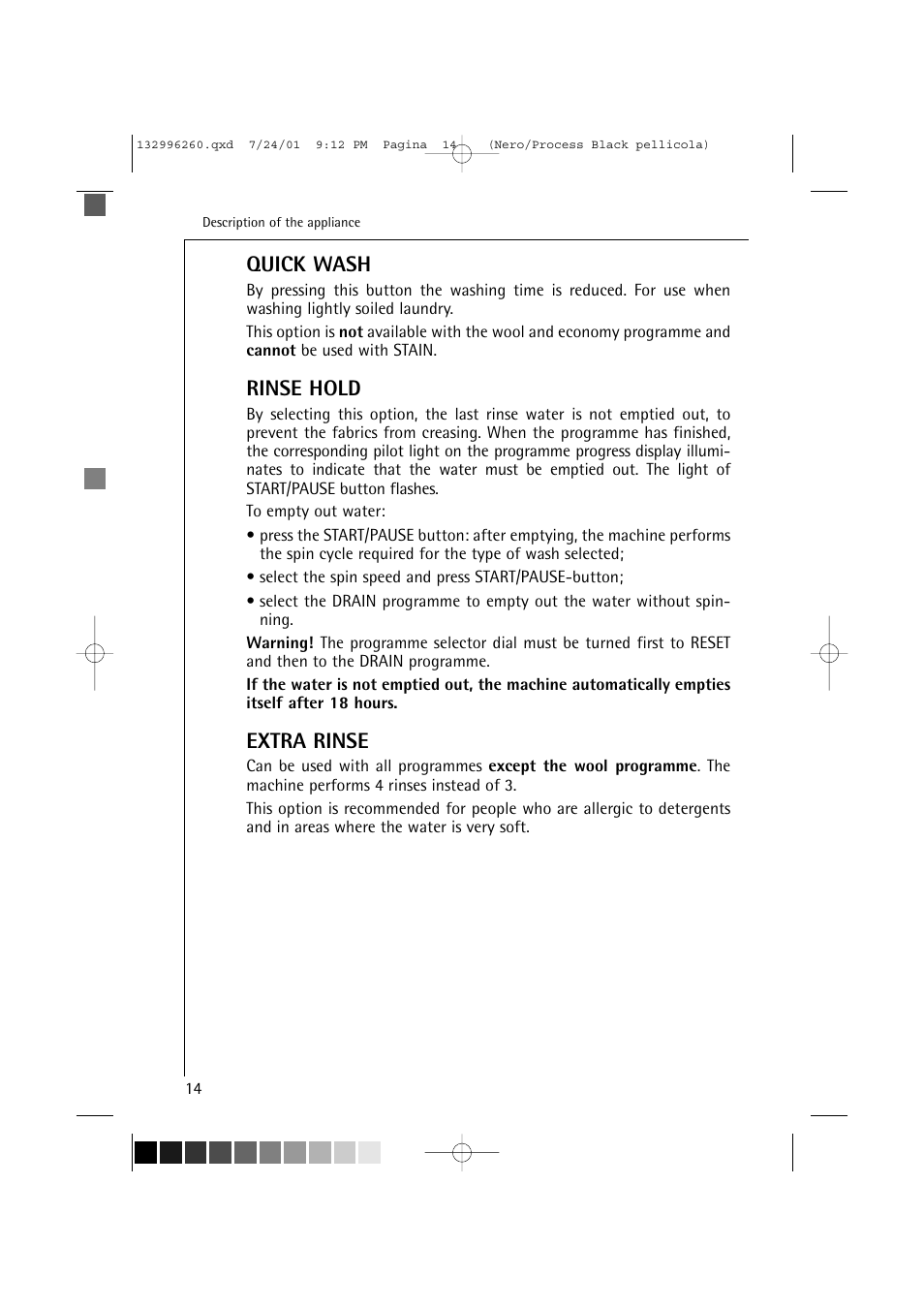 Quick wash, Rinse hold, Extra rinse | Electrolux 10500 VI User Manual | Page 14 / 52