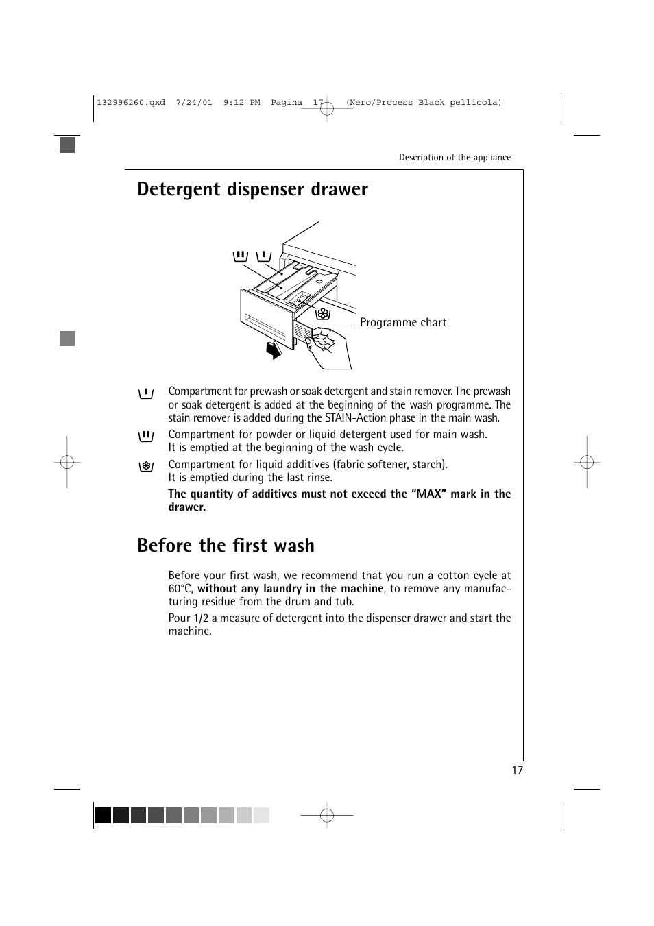 Detergent dispenser drawer, Before the first wash | Electrolux 10500 VI User Manual | Page 17 / 52