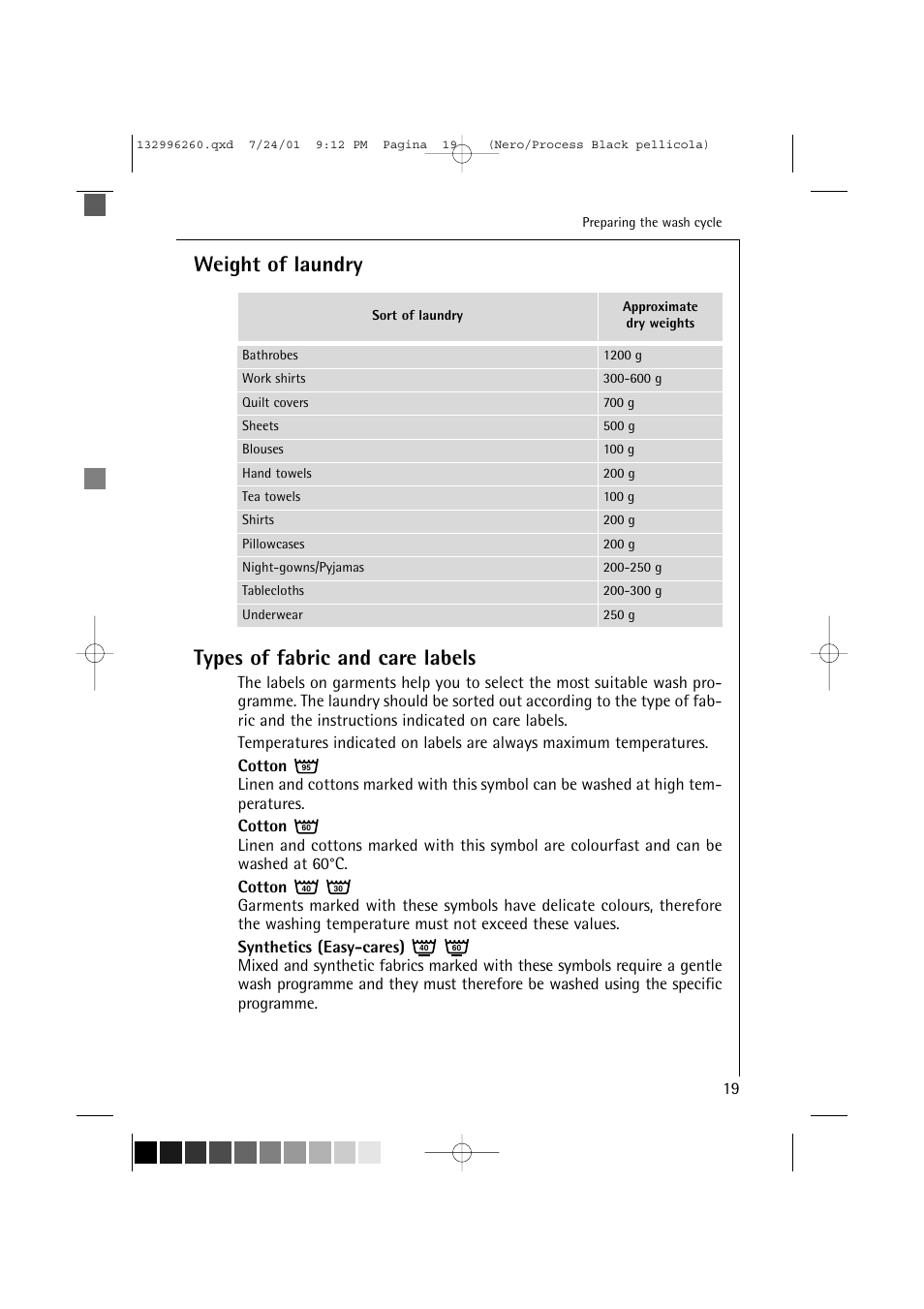Weight of laundry types of fabric and care labels | Electrolux 10500 VI User Manual | Page 19 / 52