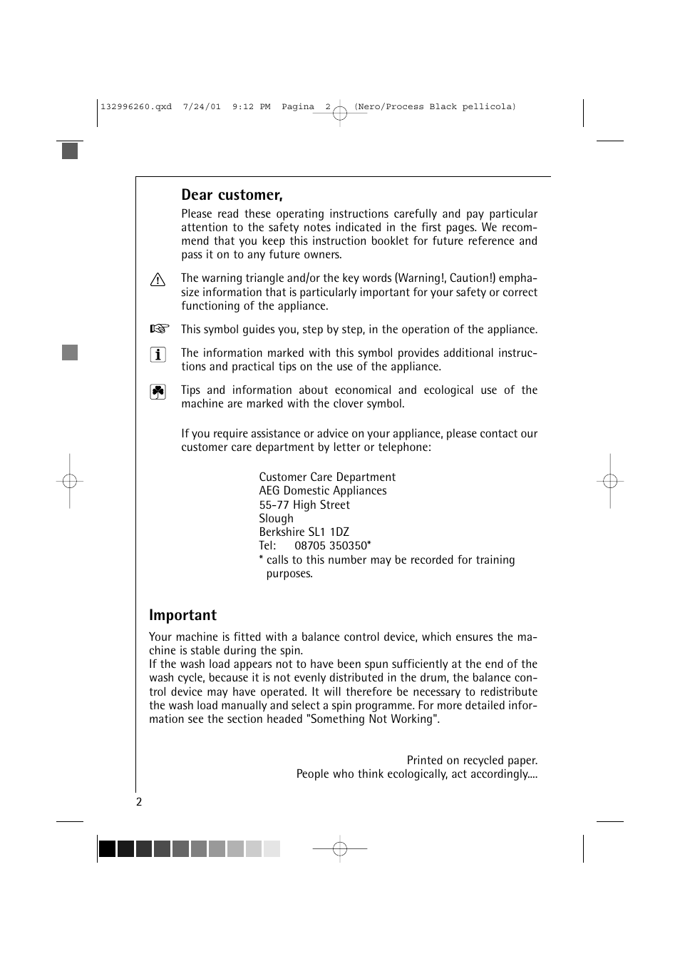 Dear customer, Important | Electrolux 10500 VI User Manual | Page 2 / 52