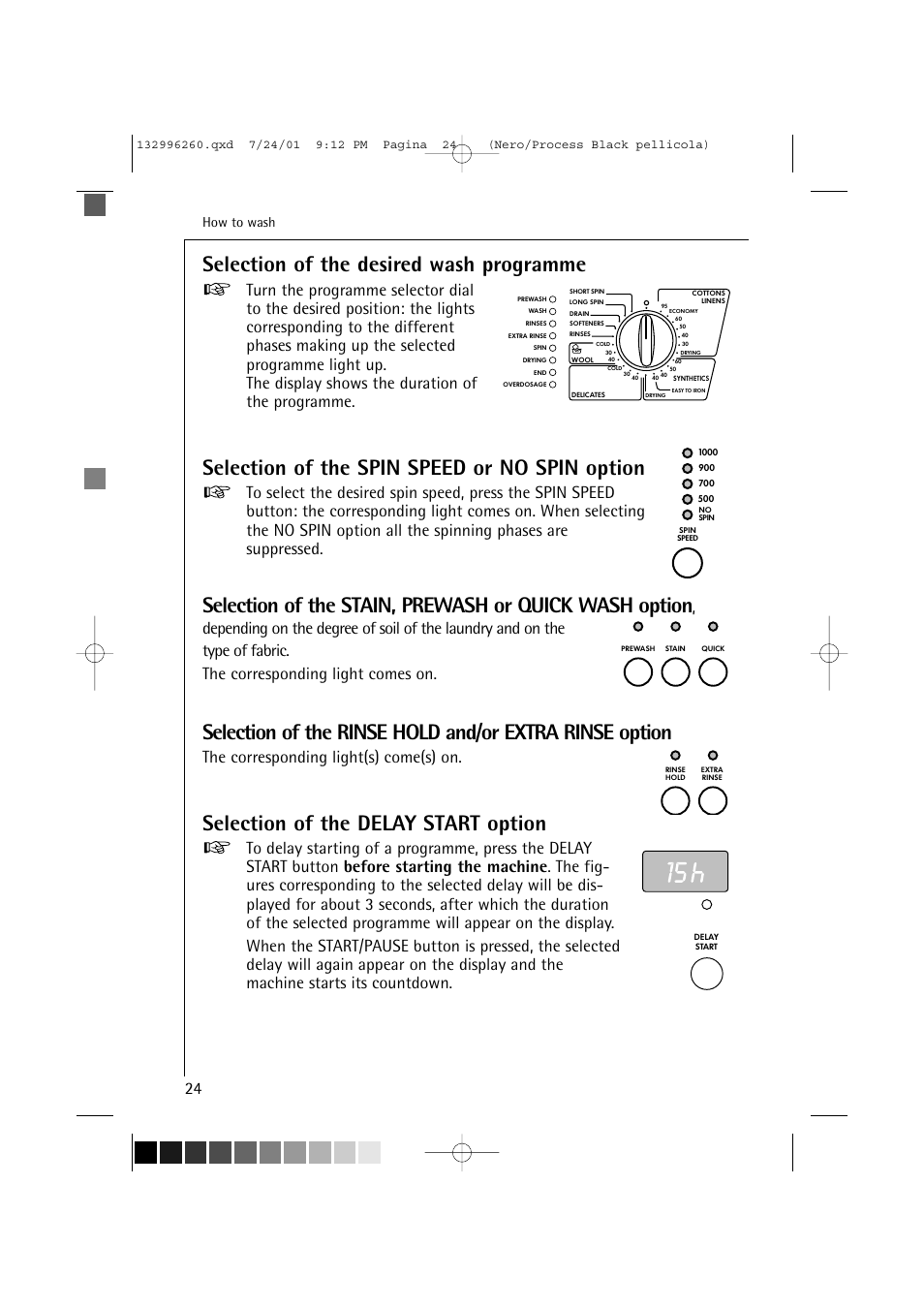 Selection of the desired wash programme, Selection of the spin speed or no spin option, Selection of the delay start option | The corresponding light(s) come(s) on, How to wash | Electrolux 10500 VI User Manual | Page 24 / 52