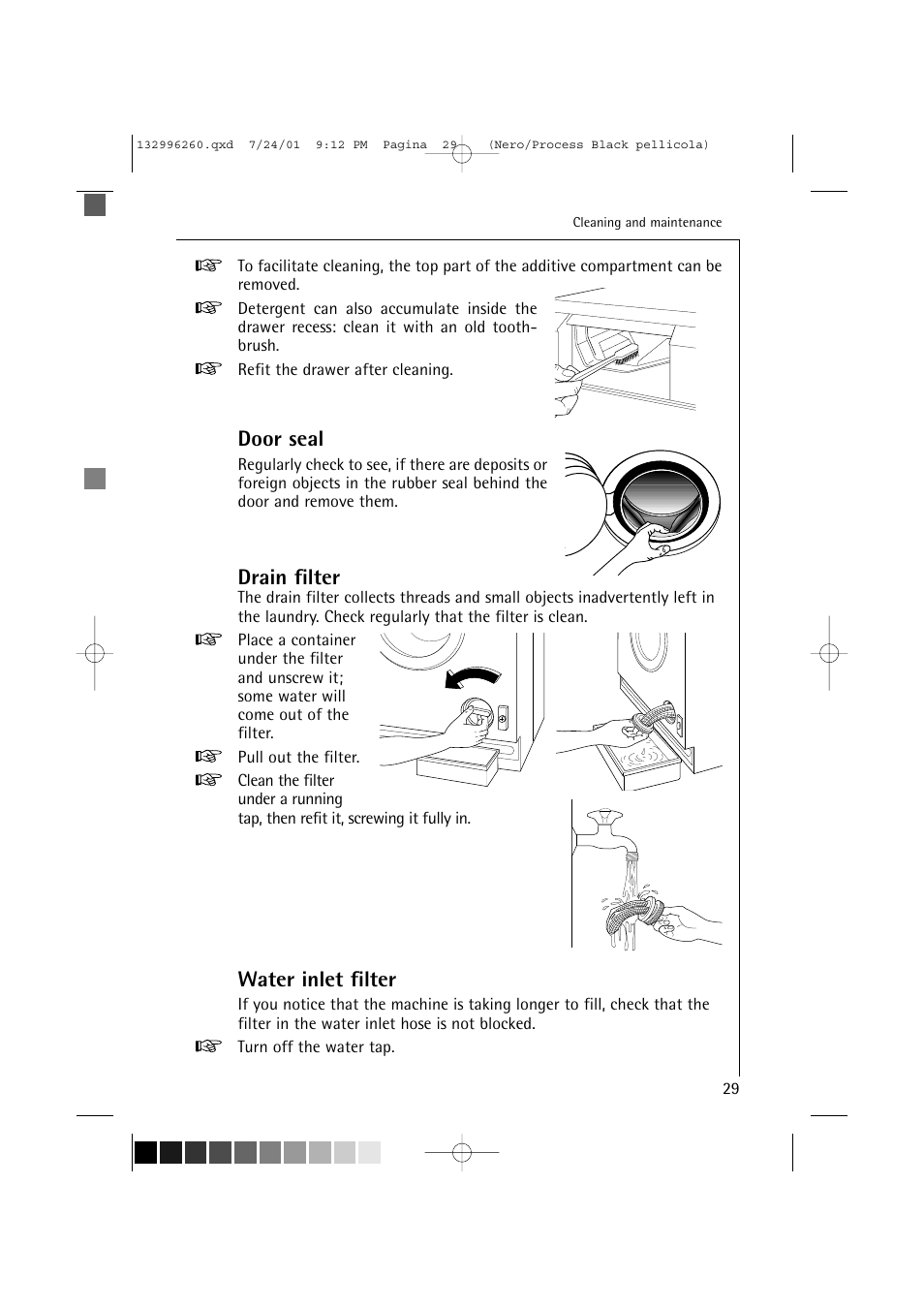 Door seal, Drain filter, Water inlet filter | Electrolux 10500 VI User Manual | Page 29 / 52