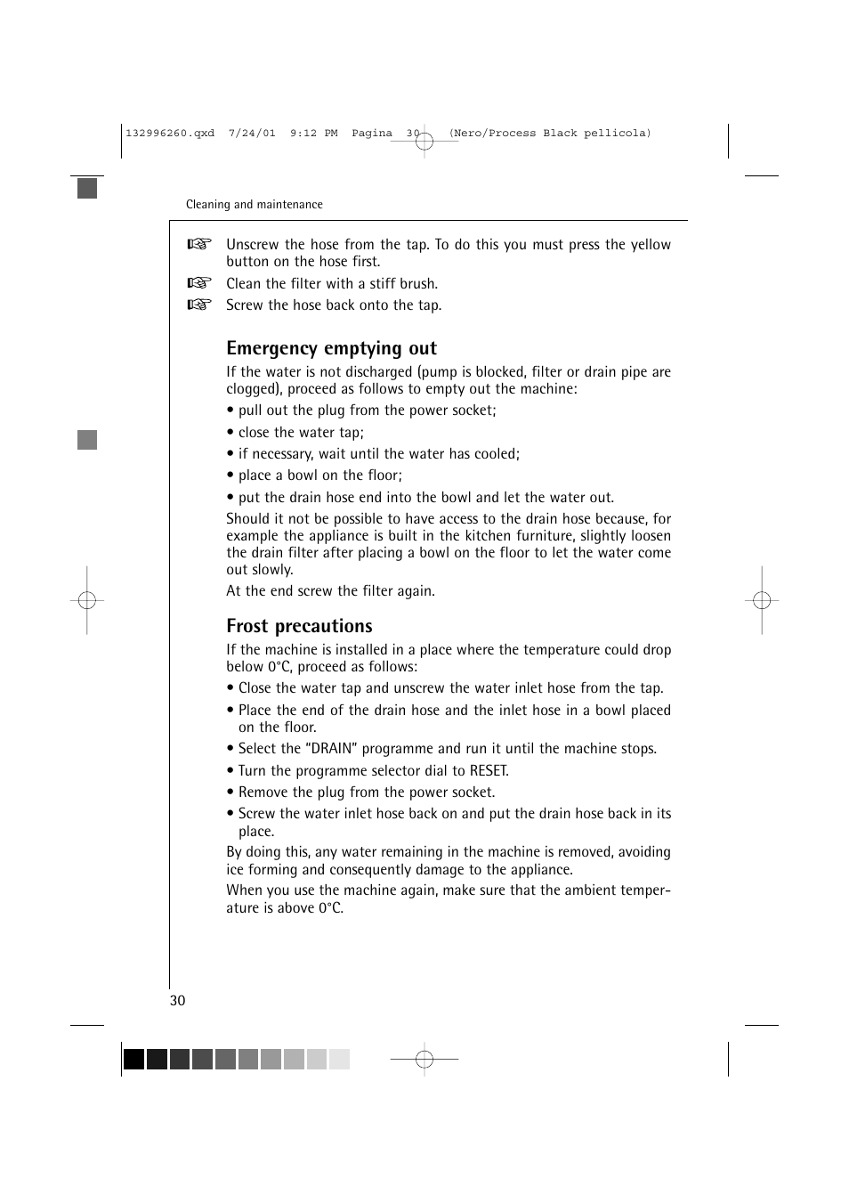 Emergency emptying out, Frost precautions | Electrolux 10500 VI User Manual | Page 30 / 52