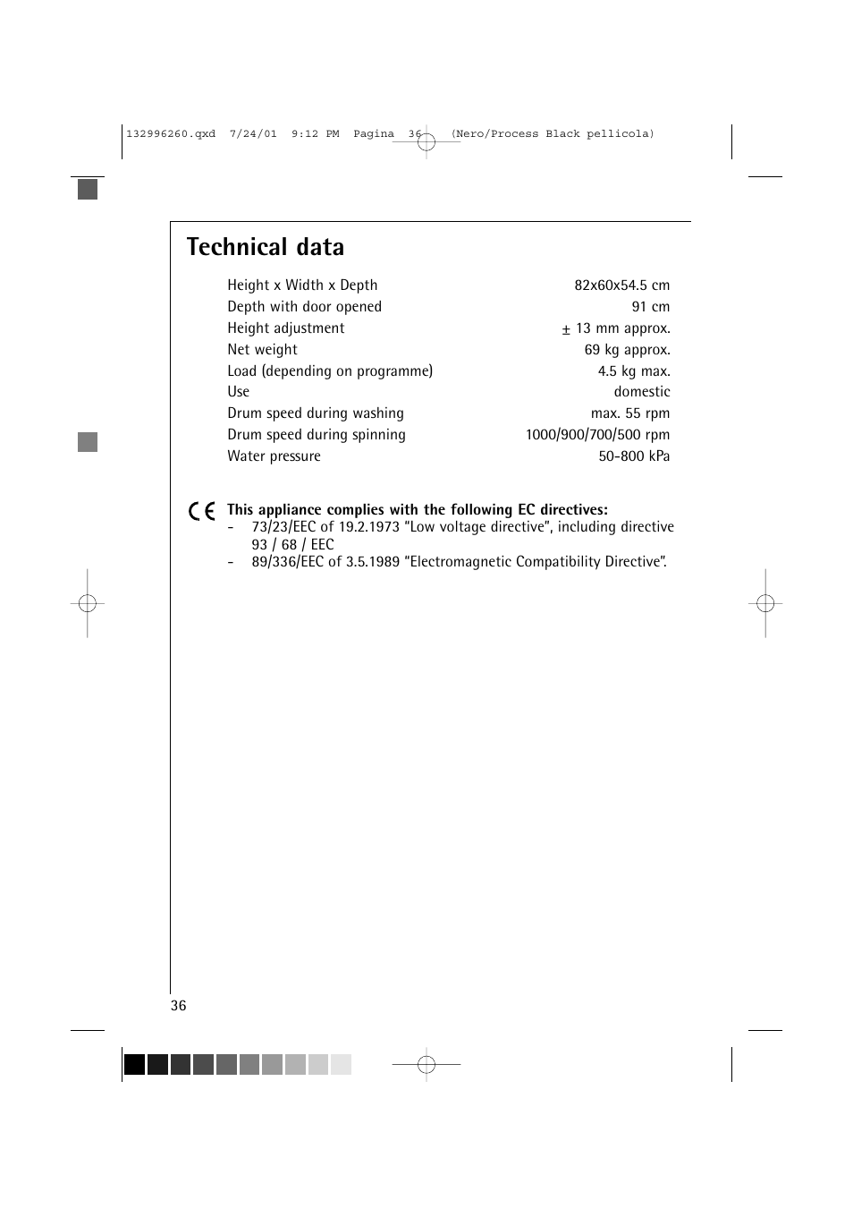 Technical data | Electrolux 10500 VI User Manual | Page 36 / 52