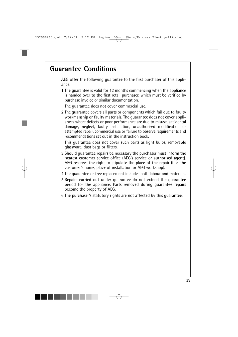 Guarantee conditions | Electrolux 10500 VI User Manual | Page 39 / 52