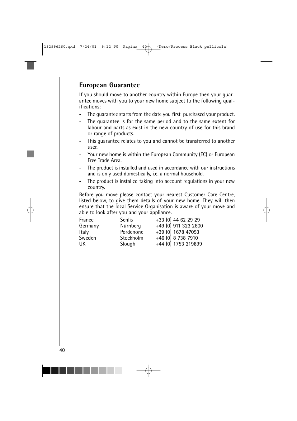 European guarantee | Electrolux 10500 VI User Manual | Page 40 / 52